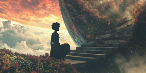 Surreal art, Inspiration, Motivation, change, freedom, hope, dream, way and concept artwork, conceptual 3d illustration. A  black woman alone  with a stair in fantasy nature landscape. painting