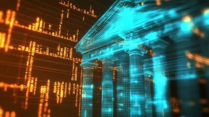 Modern illustration of a high-tech bank featuring advanced cyber security systems and 3D animation