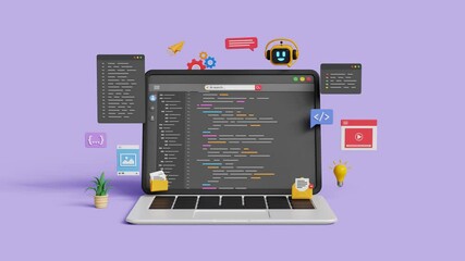 Wall Mural - software development with ai. ai coding assistant. smart web and app development. 3d robot assistant