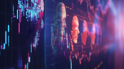 Abstract digital portrait composed of glowing pixels on a blue background with data visualization elements