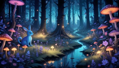 Wall Mural - Magic forest with fantasy glowing fireflies and plants - flowers, mushrooms and berries. Cartoon, Dragons, animals,birds 