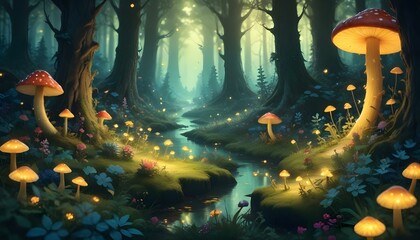 Wall Mural - Magic forest with fantasy glowing fireflies and plants - flowers, mushrooms and berries. Cartoon, Dragons, animals,birds 