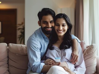 Indian couple celebrating positive pregnancy test sitting