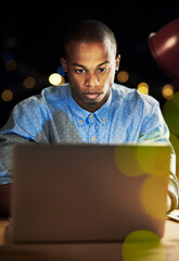 Leinwandbilder - Office, laptop and business black man at night for website, research and online project in dark. Corporate, company and person on computer working late for networking, internet and proposal review