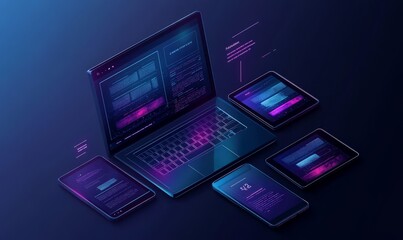 Creation responsive internet website for multiple platforms. Building mobile interface on screen of laptop, tablet, smartphone.