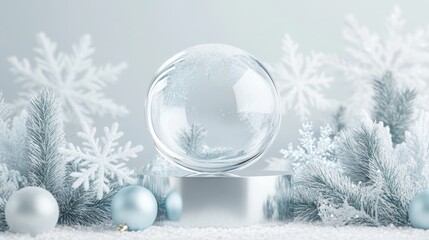 Poster - A clear glass sphere sits atop a reflective surface, surrounded by delicate snowflakes and frosty green foliage. The soft, wintry ambiance creates a serene atmosphere, perfect for seasonal decor.