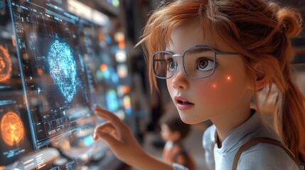 Young girl looking at futuristic screen