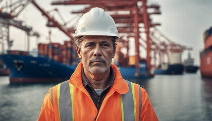 A portrait of an engineer worker at a commercial port, showcasing professionalism and focus.






