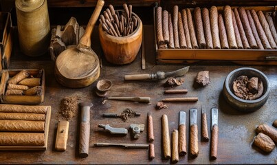 Detailed view of tools and materials in Cuban cigar making