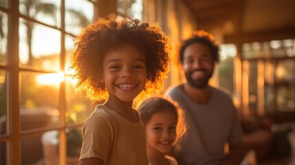 Two cheerful children smile brightly while their father sits nearby, all bathed in the warm glow of a sunset coming through large windows, creating a cozy family atmosphere.