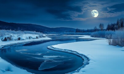 Wall Mural - Frozen river winding through a snowy landscape under a full moon, with the ice and snow reflecting the bright moonlight