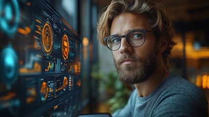 Man Looking at Digital Interface
