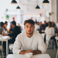 A bewildered 20-year-old man sits at an empty table in a bright white café, surrounded by background conversations during a speed dating event