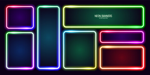 colorful glowing neon banners, illuminated square frames. shiny vibrant border, glow effect. purple 
