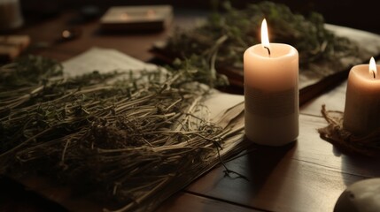 Fresh herbs for Afro-Brazilian rituals on a wooden surface