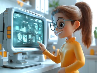 Smiling Girl Using Futuristic Computer