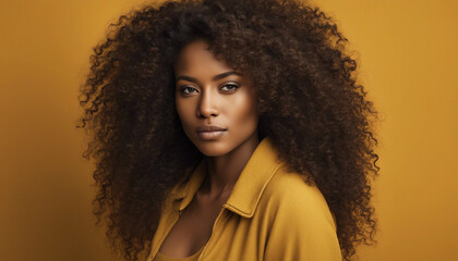 A portrait of a young African American woman with curly hair against a vibrant mustard-yellow background.


