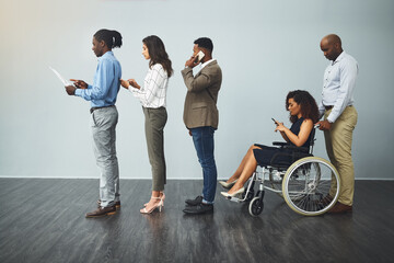 Poster - Business people, interview and line with tech, inclusion and recruitment for hiring. Wheelchair, social media with opportunity and person with disability in waiting room for affirmative action