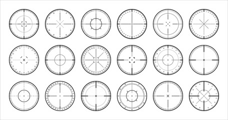 Various sniper rifle sights with degree scale, weapon optical scope crosshair. Hunting gun viewfinder. Shooting mark symbol, aim. Military target sign. Game interface UI element. Vector illustration