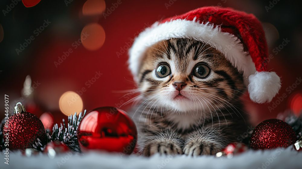 Cute kitten wearing a santa hat in a festive Christmas setting, creating a warm and playful atmosphere.