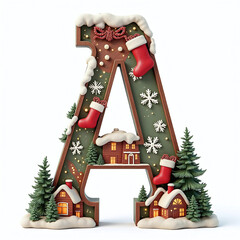 Christmas Letter A Holiday Alphabet Uppercase, Festive 3D Design,Isolated on White Background.