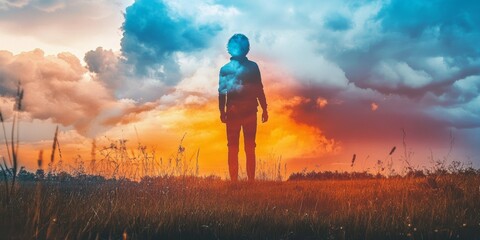 Canvas Print - Surreal Silhouette of a Person Standing in a Field Against a Dramatic Sunset