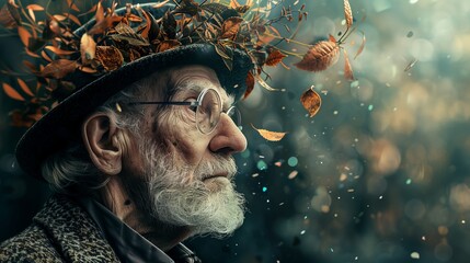 Sticker - Elderly Man with Autumn Leaves Hat in Dreamy Forest Setting with Soft Focus and Bokeh Effect