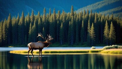 elk grazes near tall evergreen trees by mountain lake