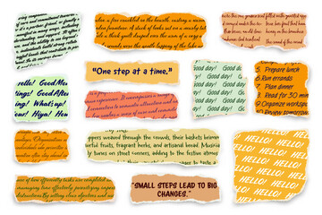Wall Mural - ripped paper strips with handwritten text. realistic crumpled paper scraps with torn edges. shreds o
