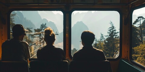 Poster - Individuals in silhouette enjoying a scenic train journey through the rugged mountains, the clickety-clack of the tracks adding a soothing rhythm to the journey.