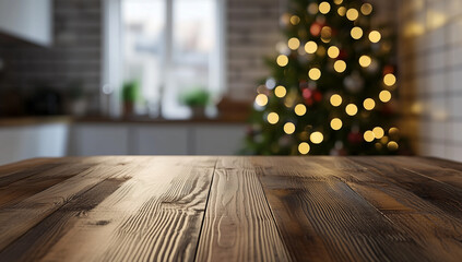 A wooden table with an autumn background, featuring colorful leaves and sunlight in the sky. The focus is on the empty space of the tabletop for product display or presentation.