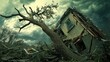 © Ibad - A close-up shot of a tree uprooted by a tornado, lying across a crumbled house with shattered windows and broken beams, capturing the sheer force of nature's wrath
