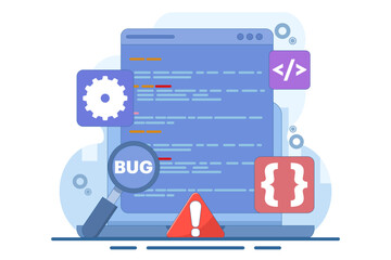 Bug Report Concept, bug magnifier on data software campaign. Computer bug detection. Bug error notification. System error alert. Testing software. Magnifier looking for malware. Flat illustration.
