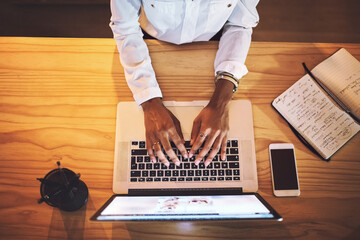 Canvas Print - Business woman, hands and above with laptop at night for email, research or communication at office desk. Top view, female person or employee working late on computer for journalism or deadline