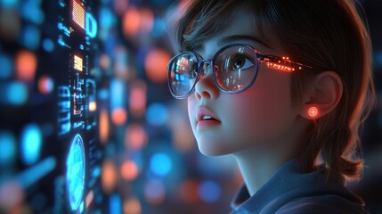 Young Girl Gazing at a Futuristic Interface
