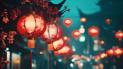 Wall Mural - Lunar new year celebration in chinatown with vibrant red lanterns creating a festive atmosphere