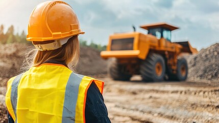 A construction worker in a safety helmet observes a heavy machinery vehicle operating on a site, surrounded by dirt and debris.