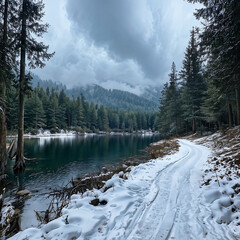 river in the forest with snow