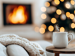 A white mug of coffee sits on a wooden table next to a fireplace