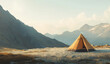 © Ekaterina - Minimalist Mountain Scene with Tent on Plateau, Outdoor Adventure Concept, generative ai