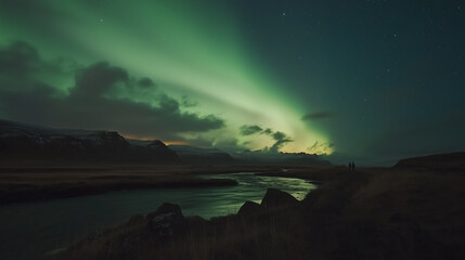 couple admires the beauty of the aurora borealis lighting up a picturesque icelandic scenery