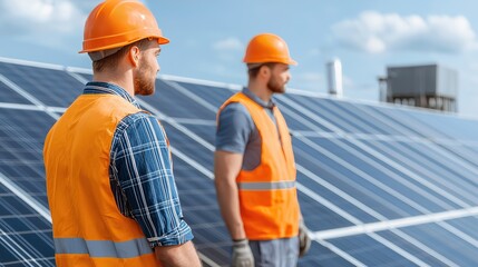 two workers in safety gear stand beside solar panels under a clear blue sky, representing renewable 