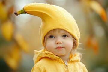 Adorable toddler in banana costume enjoying autumn outdoor adventure