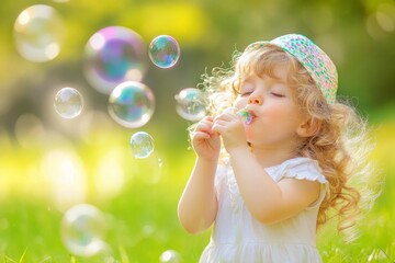 Child blowing bubbles in sunny park, capturing joyful summer moments