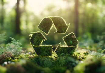 A green Earth with moss growing on it inside the recycling symbol, the background is blurred greenery. The concept conveys environmental awareness and sustainability in waste management.