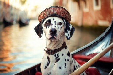 Dalmatian dog in gondola with cap on italian canal