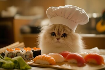 Adorable cat chef surrounded by sushi delights in cozy kitchen setting