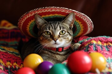 Charming cat wearing colorful sombrero amidst vibrant mexican blankets and maracas