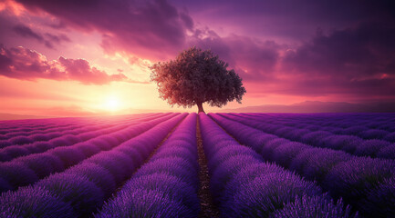 Wall Mural - Lavender field with a single tree in the middle, featuring purple and green colors, a beautiful landscape, photographic, hyper-realistic style.