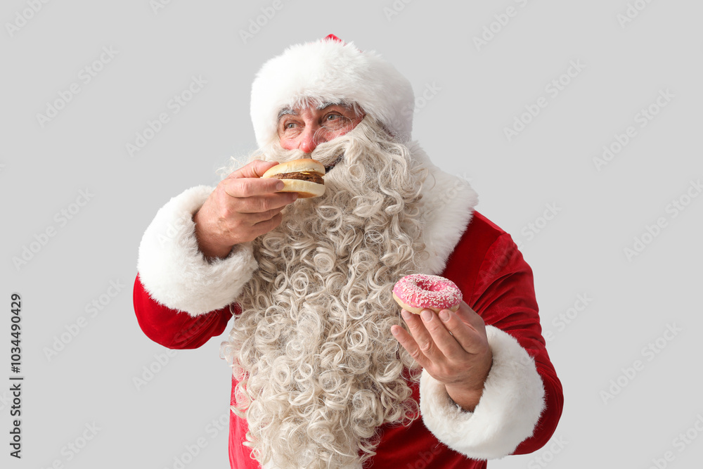 Santa Claus with tasty donut and burger on white background